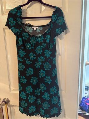 Bar III Black Mini Dress with Teal Floral Print. Size L